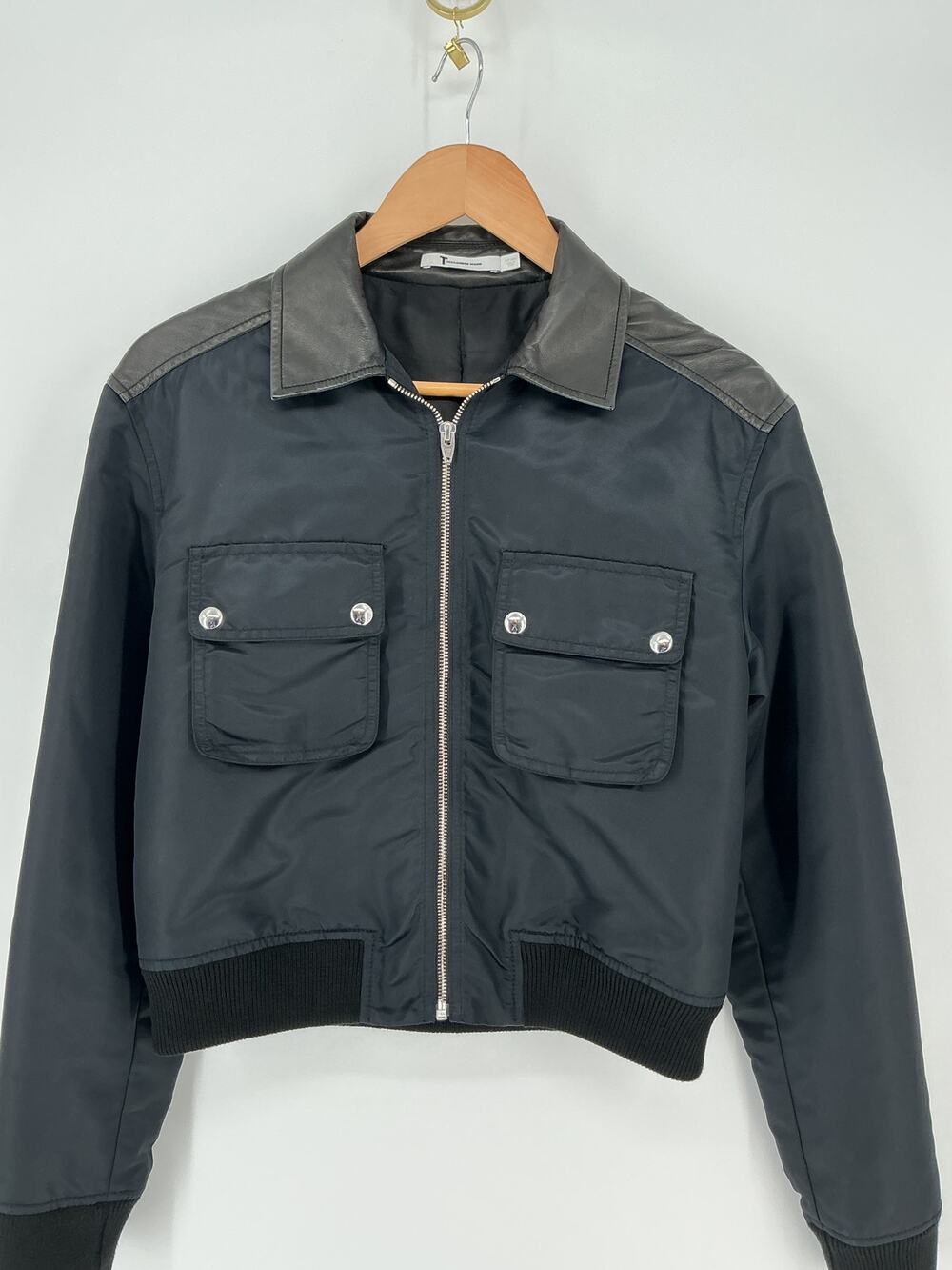 T by Alexander Wang Black Nylon Lambskin Leather Trim Bomber Jacket Size S